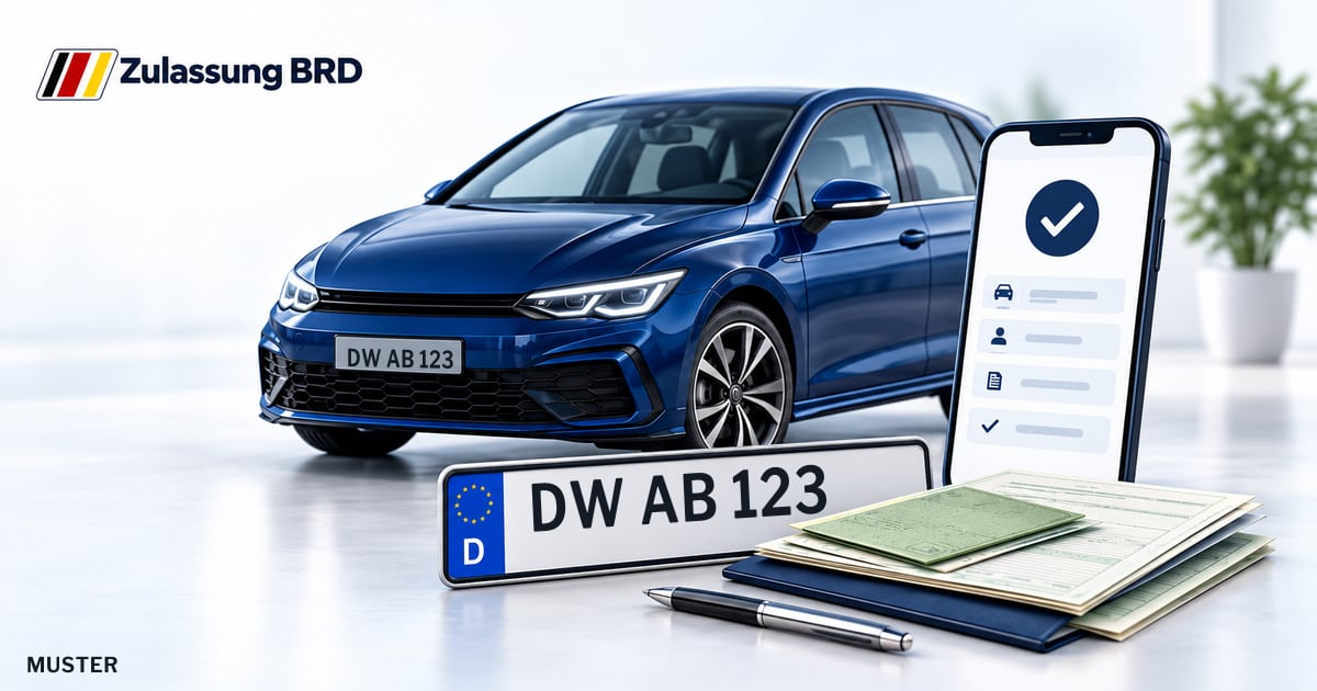 Online Fahrzeugzulassung in Heidenau: Musterkennzeichen DW AB 123, Auto und Fahrzeugpapiere und Smartphone. Illustration mit Logo von Zulassung BRD.